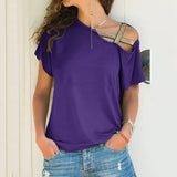 Fongt Explosion Casual Slanted Shoulders Cross Irregular Short-Sleeved Print Women T-Shirts