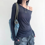 Girls Sexy French Solid Color Slim Long-Sleeved Blouse 2023 Shoulder Stitched Fashionable Knitted T-Shirt-Outfit