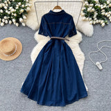 Fongt Version Of Fashion Casual Denim Dress Women Retro Collar Short Sleeve Single Buckle Waist Swing Shirt Long Skirt