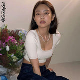 Top White Top Women Short Sleeve Tees Summer Clothes Slim Square Neck T-Shirt Knit Top Sexy Solid Streetwear Y2K Crop