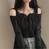 Fongt Summer Korean Chic French Style Collar Small Design Feel Folded Bubble Sleeve Short Shirt Top