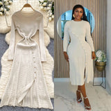 Fongt 2025 French Elegant Temperament Metal Button Repair Waist Long Pit Knitted Dress Woman
