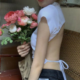 Sleeve T-shirts Women Design Solid Daily Summer Cropped Female Tops Backless Sexy Ladies Clothes Cozy College Basic