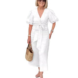 Fongt Women's Clothing 2025 Spring And Summer 2025 New V Tie With Foam Sleeve Cotton Dress