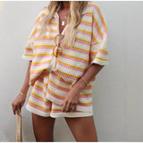 Fongt Spring And Summer New Women's Explosive Wool Jersey Collar Striped Short-Sleeved Shorts Set