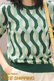 Ice Silk Knitted Sweater Women Striped Vintage Short Sleeve Summer Loose Thin O Neck Pullovers 2023Autumn Casual