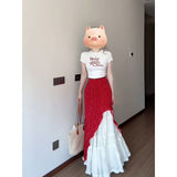 Fongt Shoulder Short-Sleeved T-Shirt Crumm Skirt Suit Women's Summer New High-End Temperament Sweet Two-Set
