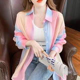 Summer Women Sunscreen Clothes Rainbow Shirt Thin Loose Lady Chiffon Blouses Long-sleeve Elegant Top Beach Shirts