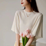 Fongt Wan Feminine Taste Splicing Flounce Sleeve Comfortable Round Collar Knitting Five Minutes Sleeve Jacket Female-Outfit