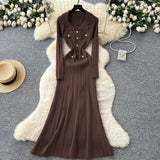 Fongt Fragrant High-End Feel Fashionable Doll Collar Long Sleeve Metal Buckle Waist Knitted Dress Women Autumn Slim Dress