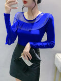 Autumn Ringstones Ruffles Long Sleeve Mesh T-shirt Tee New Female Round Collar Sheath Tops T-shirts for women-Outfit