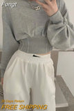 Korean Fashion Gray Hoodies Women Harajuku High Waist Cropped Sweatshirts Loose All-match Pullover Tops Kpop
