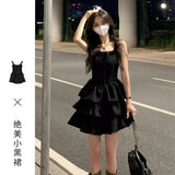 Fongt Wind Sling Small Black Dress Girl Small Design Feel Waist Thin Temperament Layer Cake Dress