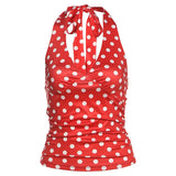 Fongt Summer Women's New Hottie Sexy Black Wave Dot Print Spread Out Back V Collar Hanging Neck Tight Vest