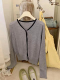 Gentle Little Gold Bean Buckle Hit Color V-Collar Knitted Cardigan Women's Spring Leisure Outfit Shows Thin Korean Style Coat-Outfit