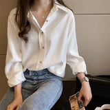 New Women Vintage Solid Loose White Shirt Turn Down Collar Full Sleeve Blouse Office Lady Stylish Girl Tops