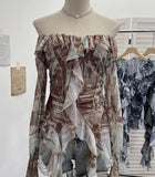Fongt Shooting Retro Shoulder Tie-Dye Net Horn Long-Sleeved T-Shirt Irregular Lotus Leaf Side Ribbon Y2k Top 8012