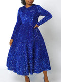 Fongt New Women's Round-Necked Long-Sleeved Solid-Colored Bright-Waisted High-Rise Dress Dress Dress