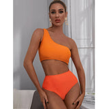 Neon Orange One Piece Swimsuit Women Patchwork Cut Out Trikini Beach One Shoulder Bathing Suit High Waist Swimwear