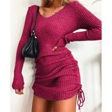 Fongt Knitted Sweater V Collar Long Sleeve Autumn And Winter Sexy Body Threaded Skirt Folding Drawstring Skirt