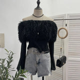 Fongt Wind Shoulder Hair Knitted Shirt Girl Short To Make Old Broken Long-Sleeved T-Shirt Top 2988
