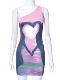 2024 New Pink Beach Print Irregular Slings Super Short Sexy Dress