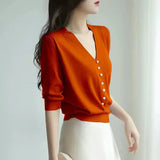 Pearl Button Knit Tops Women Candy Color V-neck Summer Tshirts V-neck Half Sleeve Tee Slim Knitwear Jumper Casual