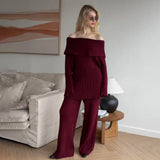 Fongt Selling A Word Shoulder Knitted Commuting Set Loose Top Broad Leg Trousers Simple High-Grade Gray Workplace Fashion