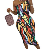 Fongt Women's Dress Elegant Diagonal Shoulder Print Hollow Out Back Tight Hip