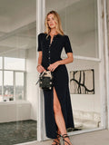 Fongt New Women's Fashion Temperament Collar Single-Dcupuncture Dress Retro Knitted Long Dress