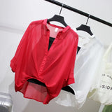 Two Piece Set Leopard Chiffon Shirts Summer Half Sleeve Loose V-Neck Women Casual Blouse Sexy Plus Size Striped Tops
