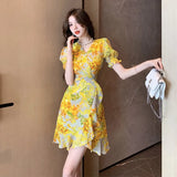 Fongt Style French Retro Floral Snowy Dress Women's Summer New Sanya Beach Irregular Dress