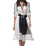 QUALITY New Fashion 2023 Designer Women's Beading Belt Long Sleeve Turn-Down Collar Patchwork Letter Lace Pleated