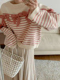New 2022 Chic Korean Fashion Bow Striped Sweaters Knitted Women Autumn Winter Oversized Elegant Short Tops