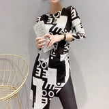 Letter Patchwork Printed T-shirt Spring Autumn Stylish Asymmetrical Folds Female Clothing Casual O-Neck Midi Pullovers-Outfit