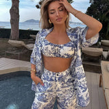 Fongt New Chinese Style Ink Print Shirt Sling Shorts Three-Piece Retro Fashion Suit Women's Wear-Outfit