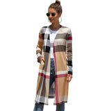 New Autumn Winter Plaid Thin Knitted Long Cardigan Women Long Sleeve Plus Size Vintage Cardigans Female Cardigan Knit