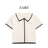 Fongt Homemade New Women's Dress Classic Short Sleeve Black Colling Colored Knitted Little Opening Shirt