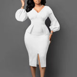Fongt Women's V-Neck Bubble Bubble Sleeve Open Fork Dress Office Pencil Dress African Dress