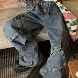 Washed Irregular Pocket Splice Cargo Jeans-Outfit