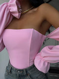 Fongt Sexy Hottie Body Fish Bone Bra Splicing Bubble Sleeve Niche Design Long-Sleeved Corset