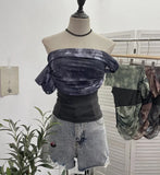 Fongt Shooting Can Wear Two-Wear Art Dizzy Net Yarn Spliced A Word Shoulder T-Shirt To Repair The Chest Short Babes Top 1131