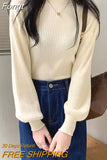 Knitted Sweater Women Harajuku Lantern Sleeve Solid Mock Neck Pullover Autumn Underwear Basic Sweet
