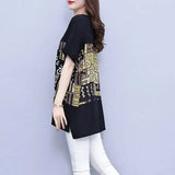 Clothing Printed Stylish Letter Pockets Patchwork Pullovers Casual Loose Split All-match Summer Korean Round Neck T-shirt-Outfit