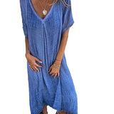 Fongt New Leisure Spring And Summer Loose Skirt Short-Sleeved V-Neck Solid Cotton Dress