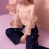Bow Shirts & Blouses Off Shoulder Long Sleeve Blusas Slash Neck Camisas Japan Style Ropa Mujer Spring Summer Tops-Outfit