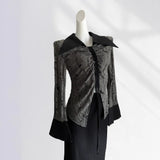 Fongt Earth Wind Unique Top Show Waist Short Black POLO Pointed Collar Draw Rope Horn Sleeve Shirt Forest Witch Wear-Outfit