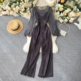 2022 Women Two-piece Suit Bottoming Shirt Tops + All-match Suspender Wide Leg Pants Jumpsuit Sets 2Pcs Femme