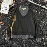 Fongt And Winter Wearing Black Ash Splicing Colliding College Style Cardigan Sweater Over The Couple Niche Oversize Knitwear Shirt
