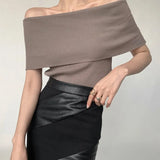 Fongt Retro Sexy Shoulder Repair Slimming Paper Pieces Knitted Vest T-Shirt Blouse Short Short Sleeve